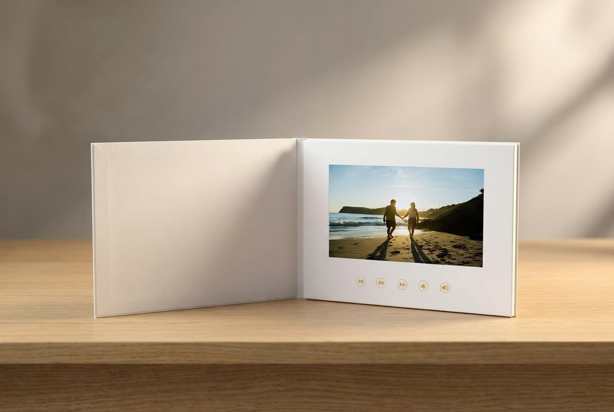 Videobook, un livre relié avec un écran qui lit une vidéo de chanson